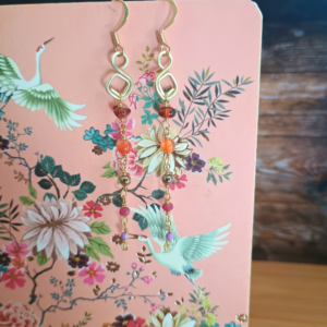 Boucles d'oreilles chaînette en ambre, cornaline, pyrite, tourmaline et phosphosidérite