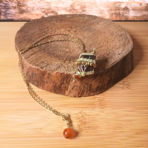 Pendule collier cornaline brute, cuivre et acier ensemble